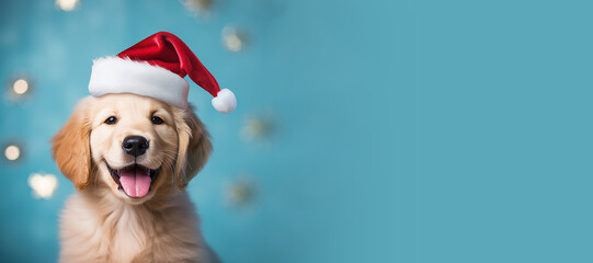 Happy Golden Retriever puppy wearing a Santa hat. Christmas pet theme banner design with copy space. Generative AI image