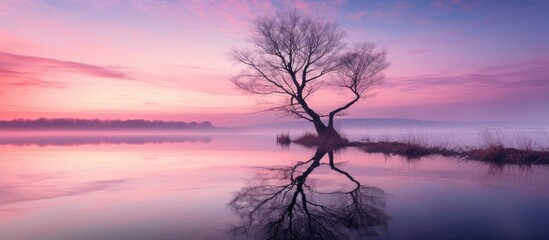 Naklejka na ściany i meble The scene of calm water and reflections from trees and sky at sunrise in early winter is a beautiful and serene sight. The pink colored sky serves as a background and offers space for text or copy.