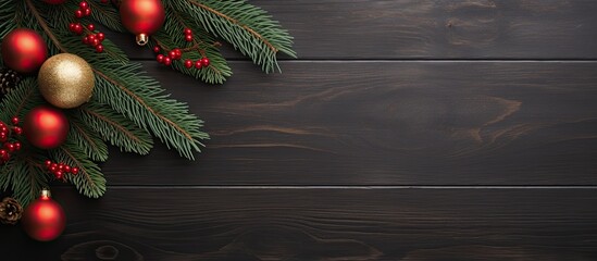 top-view Christmas background with a fir tree and decorations, with enough empty space for written content.