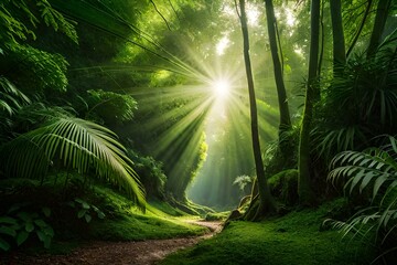a rainforest canopy, where sunlight filters through dense foliage and raindrops create a shimmering effect on the vibrant green leaves - AI Generative