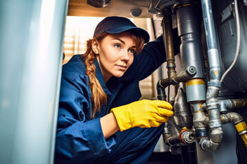 Woman plumber working near metal pipes indoor, female professional occupation. Generative AI
