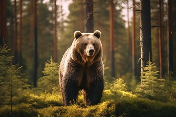 Big brown bear in the summer forest. AI gemerated image.