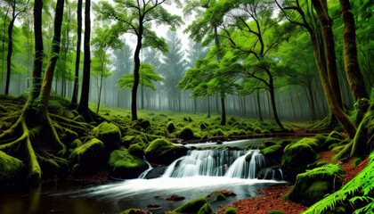 Mini River In The Green Forest With Misty Morning Trees Landscape