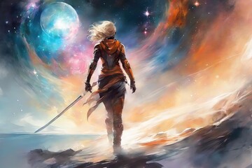 Female warrior at shore with a sword and a planet in the background