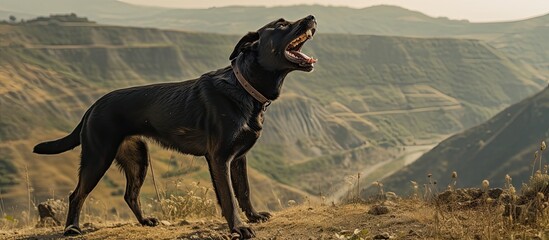 A black fawn-colored dog is standing on a hill in an exclusive location while barking. The dog is chained and is of a large size. It is guarding the area and showing protectiveness towards it. The