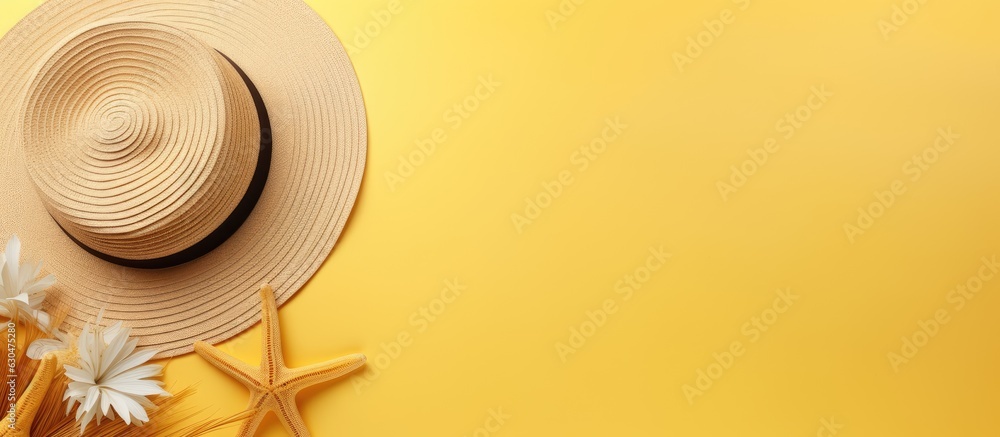 Poster a background of yellow with a straw hat, sunglasses, shell, and starfish. empty space on the left si