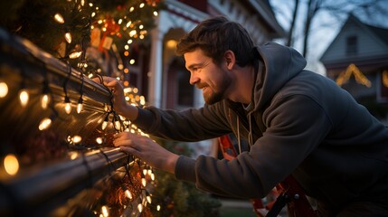 A man hanging lights on the exterior of a house 