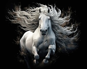 Obraz na płótnie Canvas A white horse gallops in the dark, hair billowing. (Illustration, Generative AI)