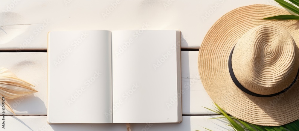 Poster A flat lay image showing a blank writing book with summer beach accessories in the background. copy space available in the image.