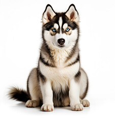 Portrait of sitting Siberian Husky Puppy. Blue eyed Cute dog isolated on white background - AI generated 
