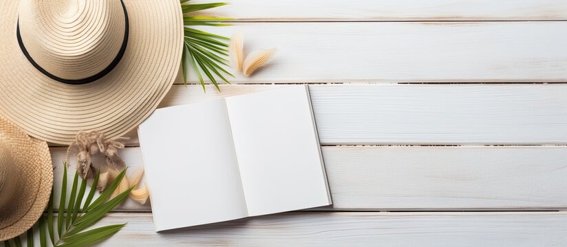 A blank writing book with summer beach accessories on the background, offering copy space. The flat lay photograph has plenty of space for copying or writing.
