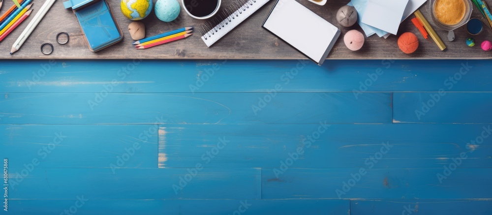 Poster The idea of going back to school or work with a photo of school and office supplies displayed on a table, providing a flat lay view and having space available for writing or adding text.