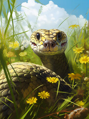 Serpent python snake on a meadow in the grass looking into the camera
