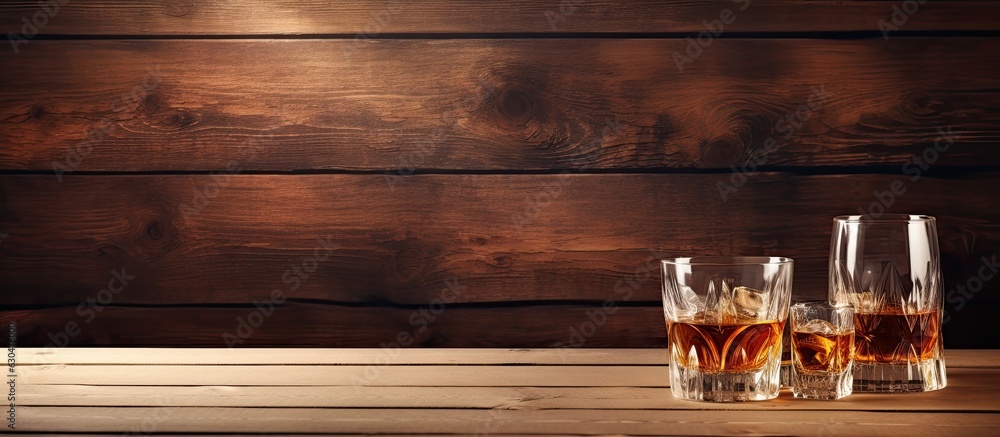 Aufkleber A banner with a rustic wood background featuring Scotch whiskey without ice in glasses and a bottle, with copy space available.