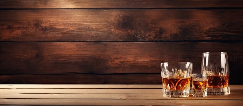 A banner with a rustic wood background featuring Scotch whiskey without ice in glasses and a bottle, with copy space available.
