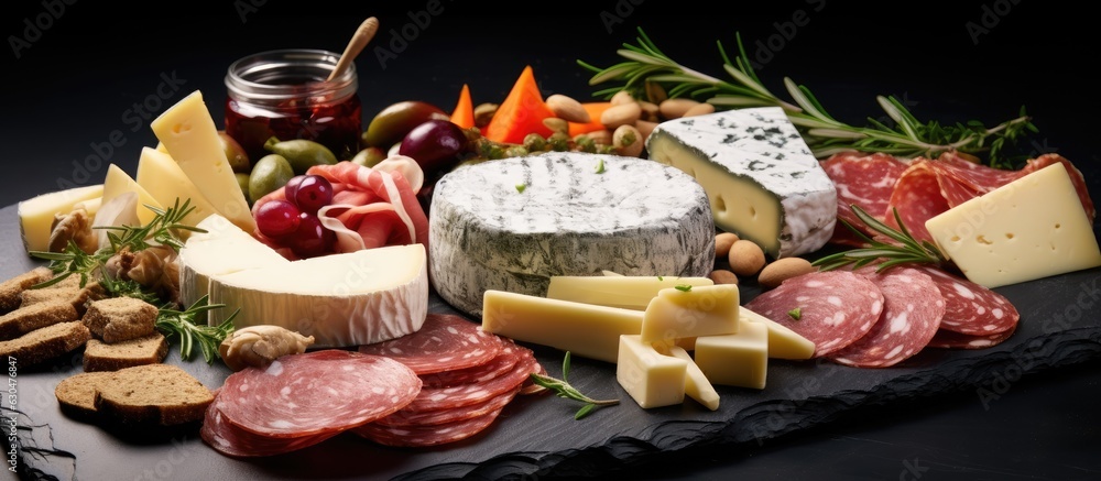 Aufkleber Assorted cheese and meat appetizers presented on a dark slate background with a side border and copy space.