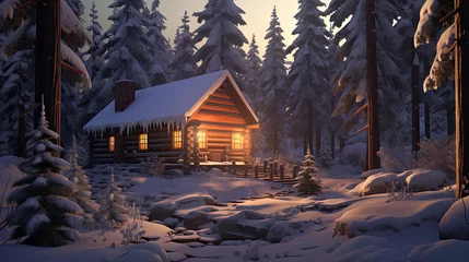 Foto op Canvas Winter house cottage in the forest snowy night landscape © stocker