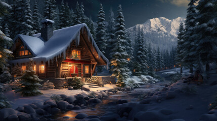 Winter house cottage in the forest snowy night landscape