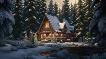 Winter house cottage in the forest snowy night landscape - obrazy, fototapety, plakaty
