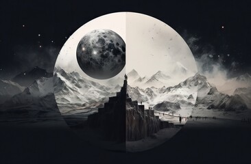 Fantasy landscape with mountains and full moon.