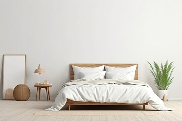 Empty white wall in a naturally bright bedroom interior with available space for customization or decoration.