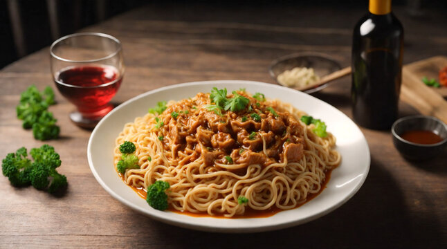 Plato de pasta con vegetales y salsa. Fideos.