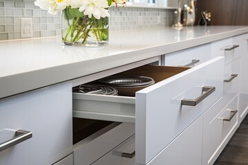 Detailed shot of sleek cabinetry drawers in a recently remodeled contemporary kitchen with a fresh white color scheme.