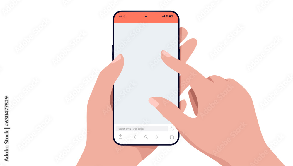Leinwandbilder Phone in hand - Vector illustration of hands using mobile smartphone with blank web browser with search field in bottom. Flat design mockup template on white background