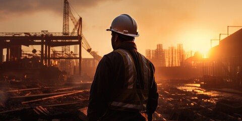 Fototapeta premium a man in a construction helmet against the backdrop of building under construction. Generative AI