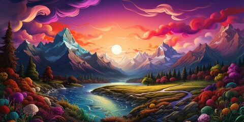 Vibrant mountain landscape with colorful vibrant colors, illustration of colorful nature