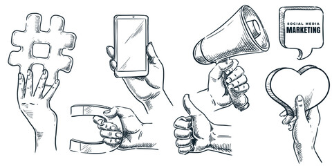 Human hand holding loudspeaker, hashtag sign, magnet, smartphone, heart. Vector hand drawn sketch business illustration