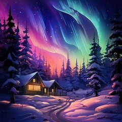 The background of a snowy forest cabin reveals aurora lights. (Generative AI)