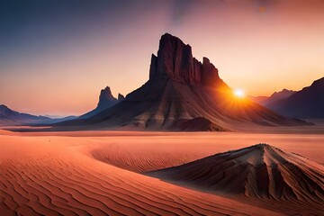 Fototapeta na wymiar A rugged rock formation emerges from the desert floor - AI generative