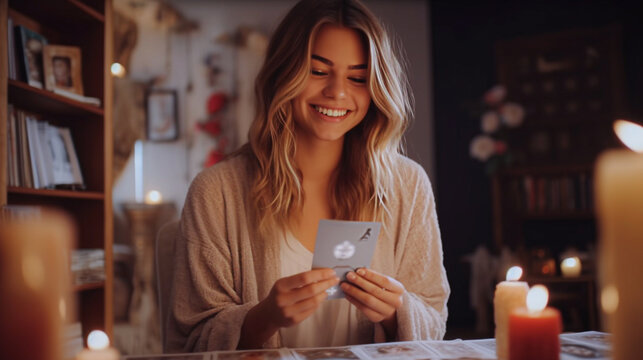 Defocused Smiling young woman holding a card in her hands while sitting at home. The concept of divination, magic and esotericism. 