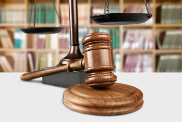 Legal office, justice concept, wooden gavel on desk