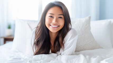 young adult asian woman wearing cozy white nightgown, sitting in bed, covered with the comforter, new beautiful day, in the morning, pillow, in the bedroom, smiling joyfully happy