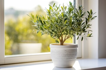 Gorgeous, youthful potted olive tree displayed on a windowsill, adding a stunning touch to the interior.