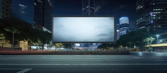 A billboard on a street in Thailand is empty and available for any text or content to be displayed. It can be used as a mockup in a busy city setting, particularly during the evening hours, providing