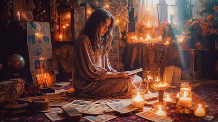 Defocused witch woman reading tarot cards. religion concept. Cartomancy and fortune telling concept. Generative AI - obrazy, fototapety, plakaty