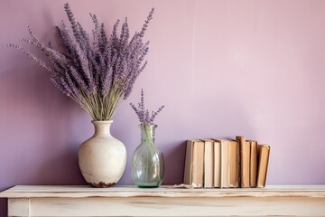 Farmhouse adorned with worn out and dated interior design. A glass vase containing lavender flowers and a book, accompanied by a candle placed on a vintage shelf against a pastel colored wall. This