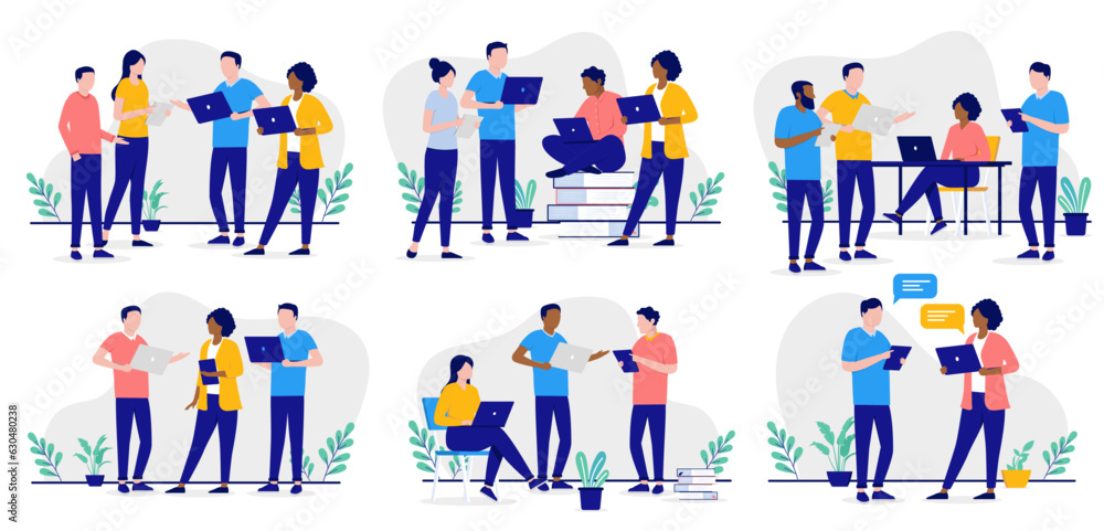 Poster People with computers collection - Team of office workers doing work on laptop and gadgets. Vector illustration set with white background