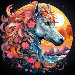 A watercolor unicorn design in a fantastical floating island world, with lush floating islands, cascading waterfalls, Generative Ai