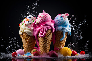 Melting colorful ice cream in a waffle cones over the dark background. Generative Ai