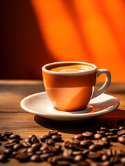 Cup of cappuccino on wooden table with beans and brown background.
