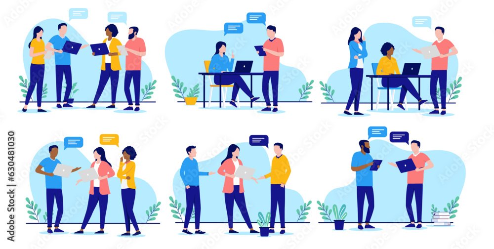 Fototapete work colleague communication set- vector collection of people talking and having discussion at offic