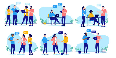 Work colleague communication set- Vector collection of people talking and having discussion at office with speech bubbles. Flat design on white background