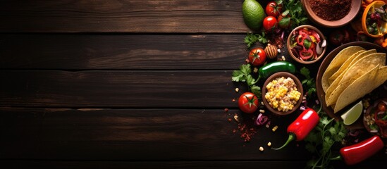 A dark wood background with a Mexican food side border, featuring tacos, burritos, quesadillas, and nachos. copy space available.