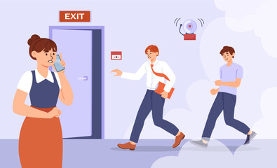 People run from fire concept. Men and women leave room in smoke. Office emergency, fire alarm. Panic and stress. People running to exit. Poster or banner. Cartoon flat vector illustration