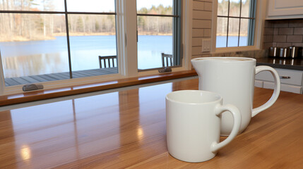white mug and mild jar standing on a modern, pine table. in a background contemporary and bright kitchen.