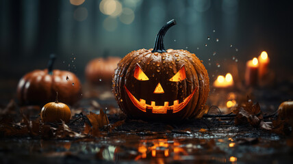 Spooky Halloween Pumpkin on Blurry Bokeh Background